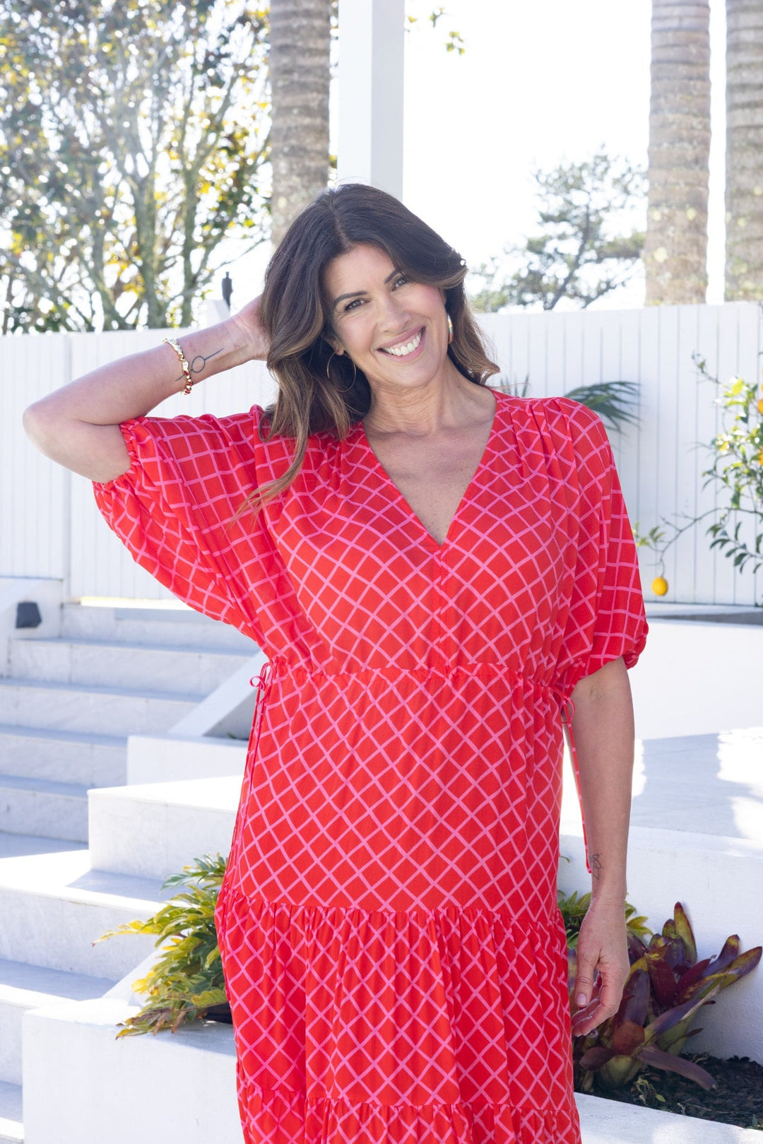 Label Anna Maxi Tier Dress Red Pink Check