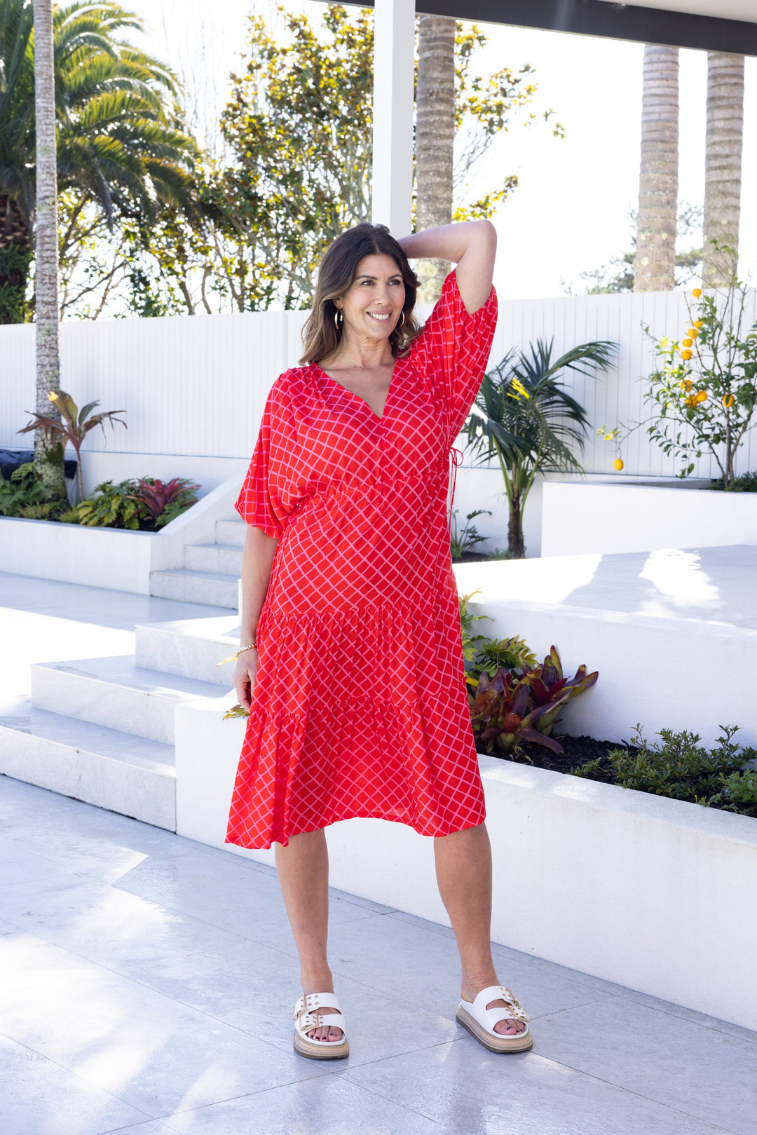 Label Anna Maxi Tier Dress Red Pink Check