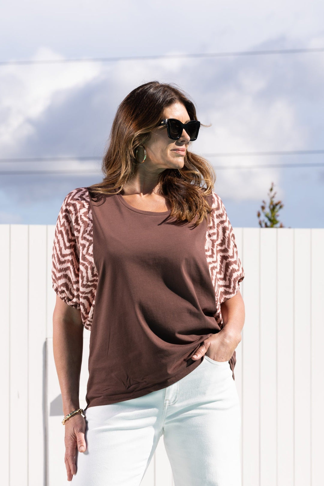 Label Sheyena Woven Sleeve Top Zig Zag Print