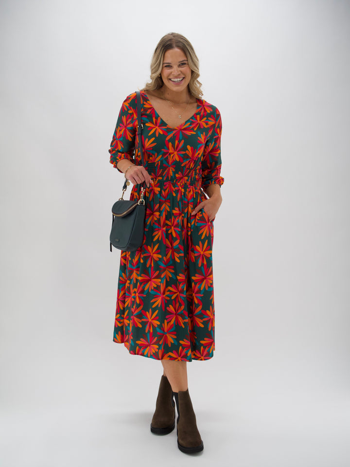 Shine On Label Marina Shirred Waist Dress Floral Geo print