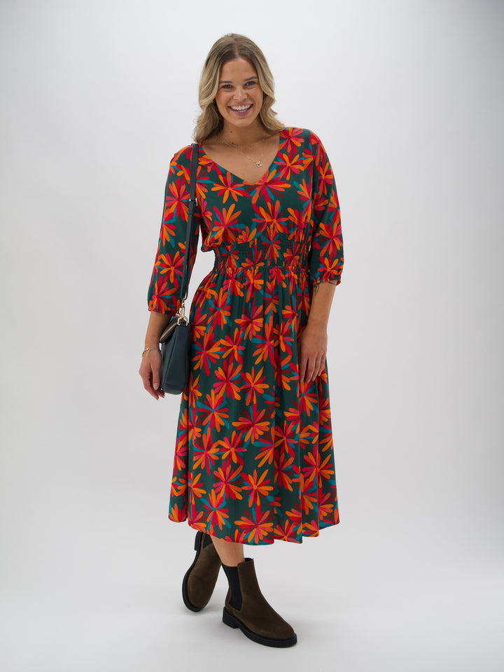 Shine On Label Marina Shirred Waist Dress Floral Geo print