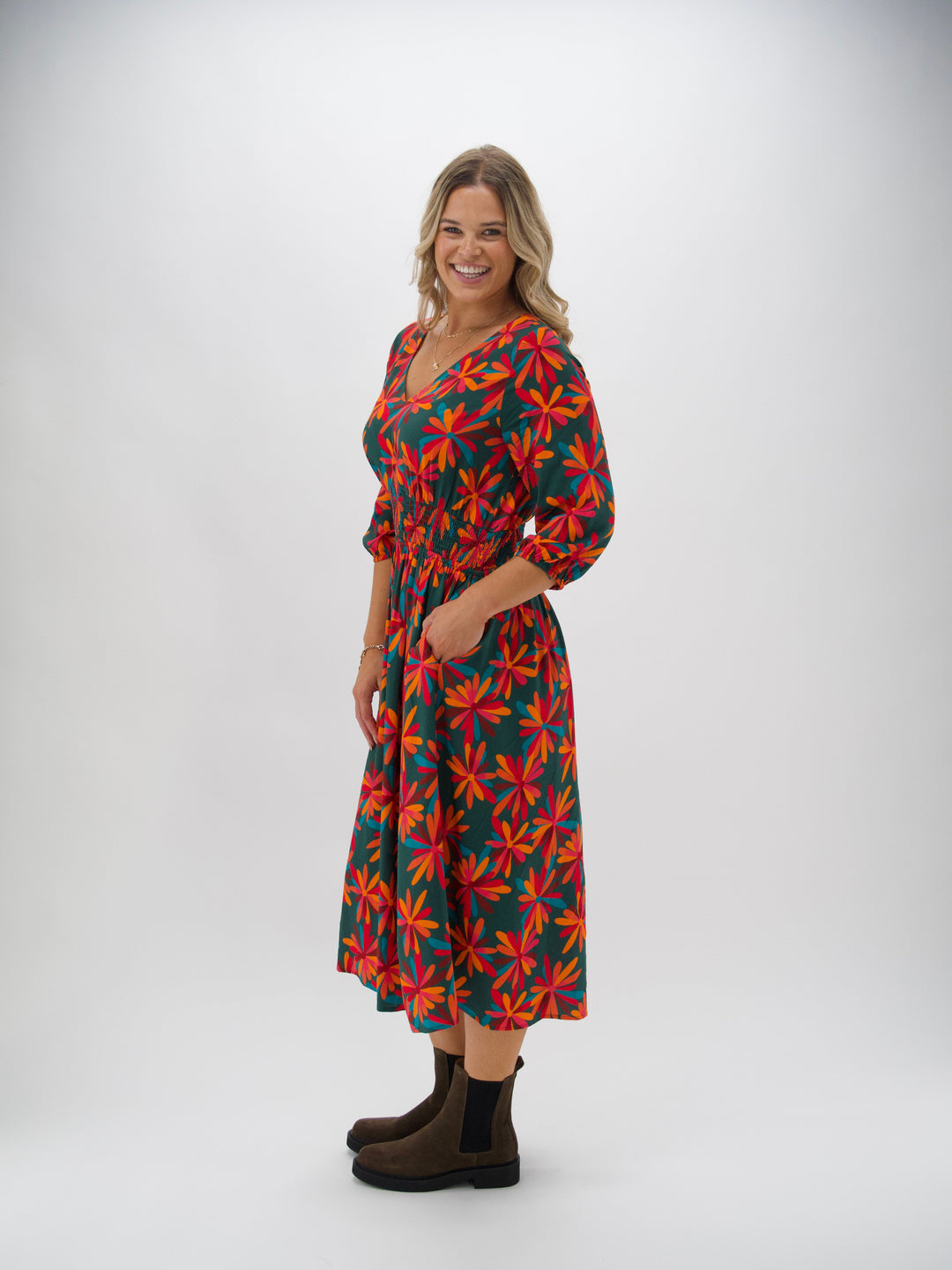 Shine On Label Marina Shirred Waist Dress Floral Geo print