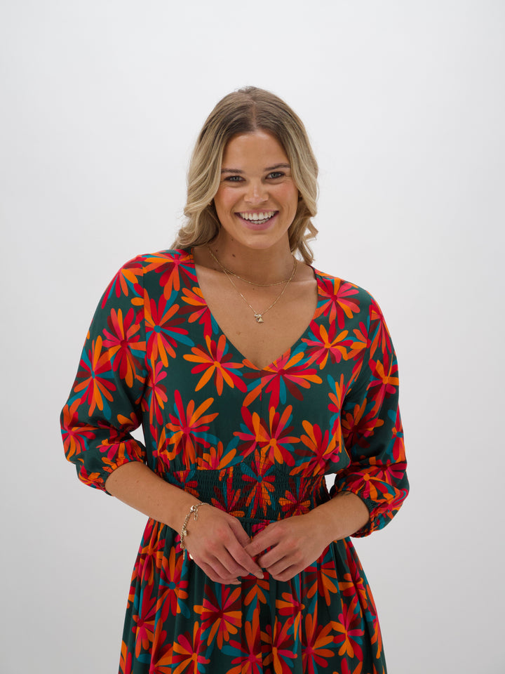 Shine On Label Marina Shirred Waist Dress Floral Geo print