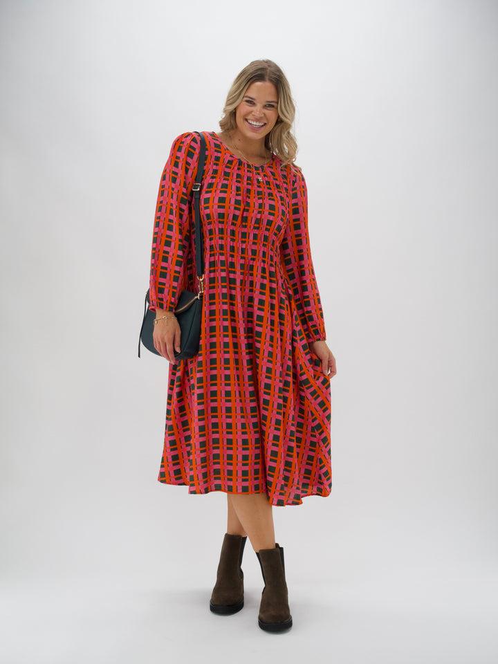 Shine On Label Careen Shirred Detail Dress Forest Check
