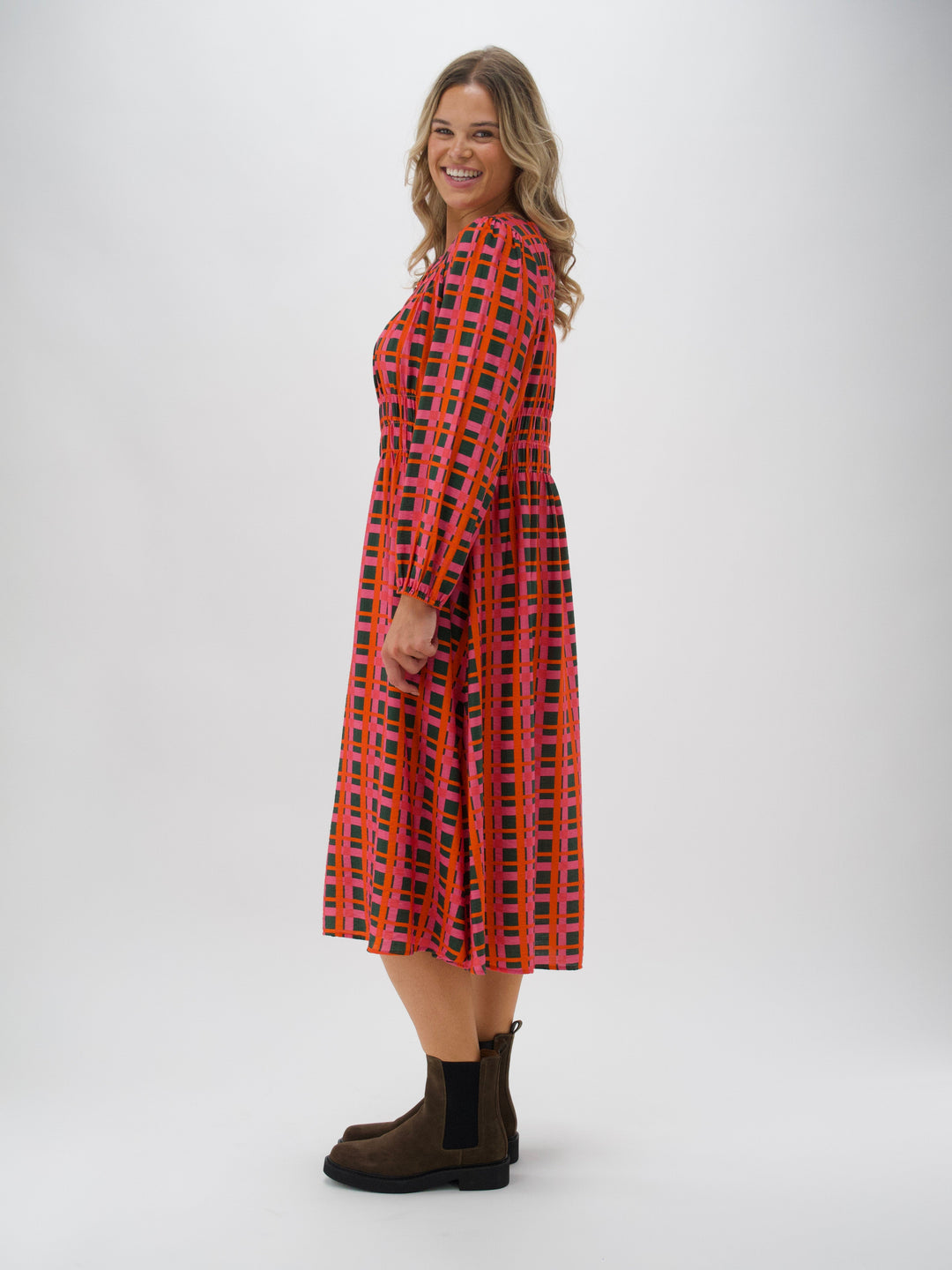 Shine On Label Careen Shirred Detail Dress Forest Check