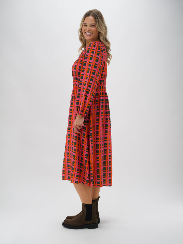 Shine On Label Careen Shirred Detail Dress Forest Check