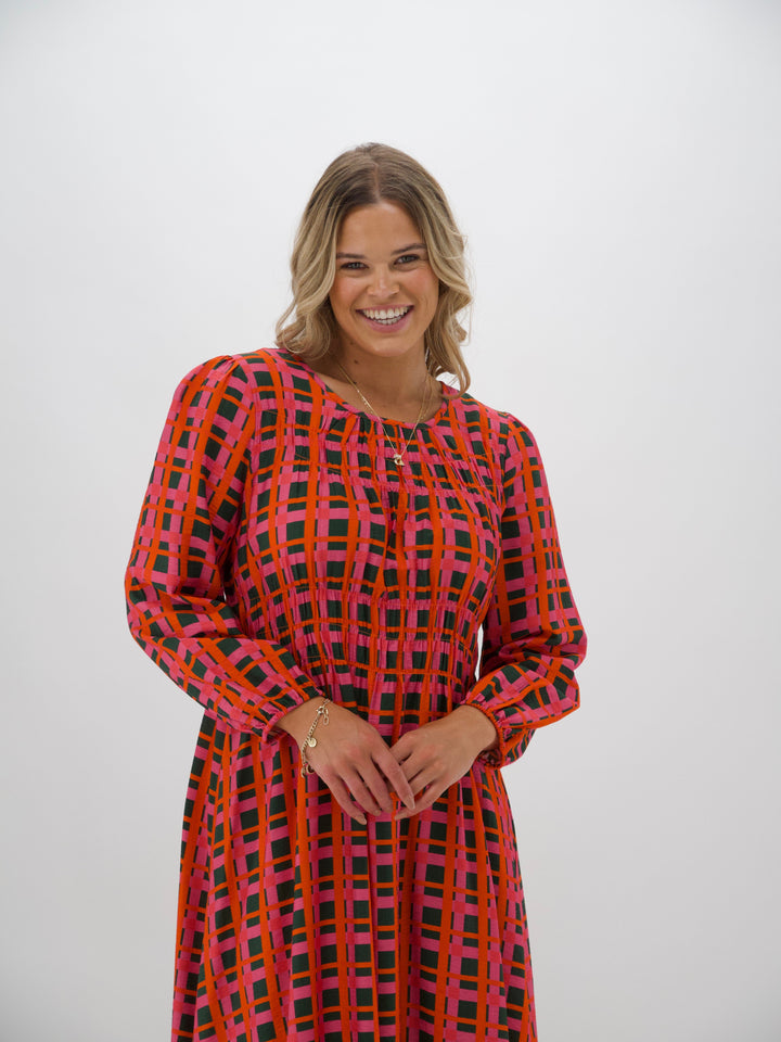 Shine On Label Careen Shirred Detail Dress Forest Check