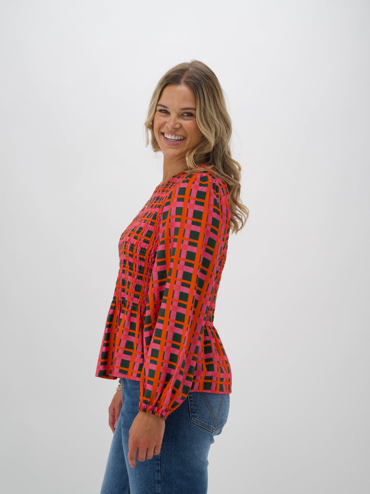 Label Sherry Shirred Top  Forest Check