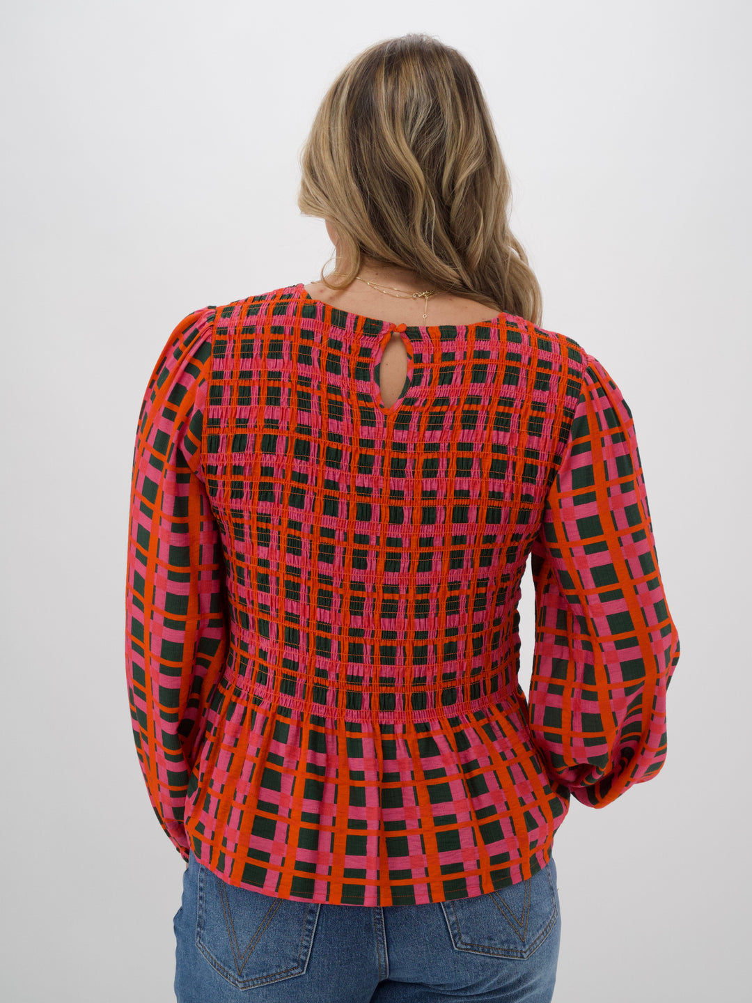 Label Sherry Shirred Top  Forest Check