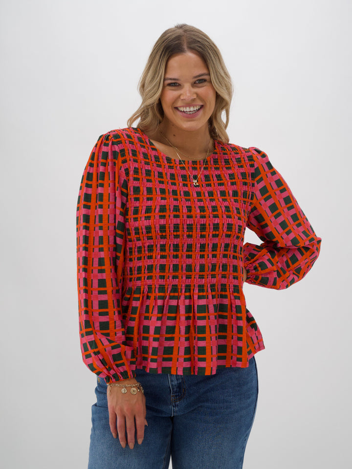 Label Sherry Shirred Top  Forest Check