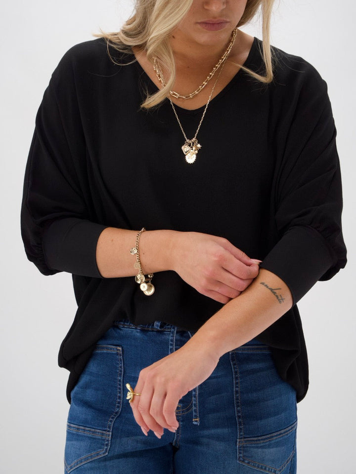 Label 3/4 Sleeve Drape Top Black