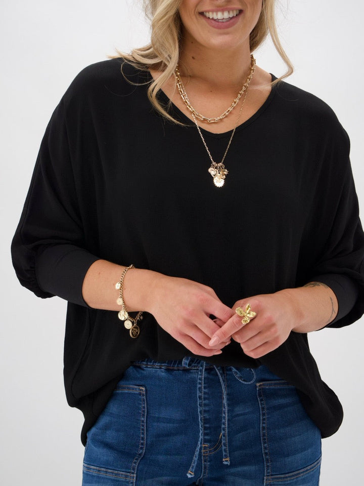 Label 3/4 Sleeve Drape Top Black