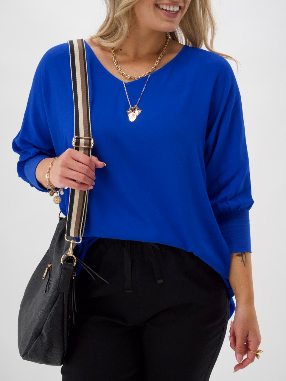 Label 3/4 Sleeve Drape Top Cobalt