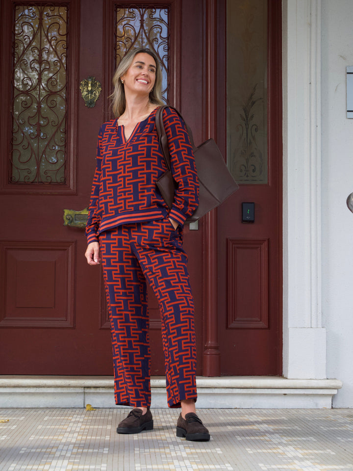 Gloss The Label Solstice Pant Navy Rust Geo Print