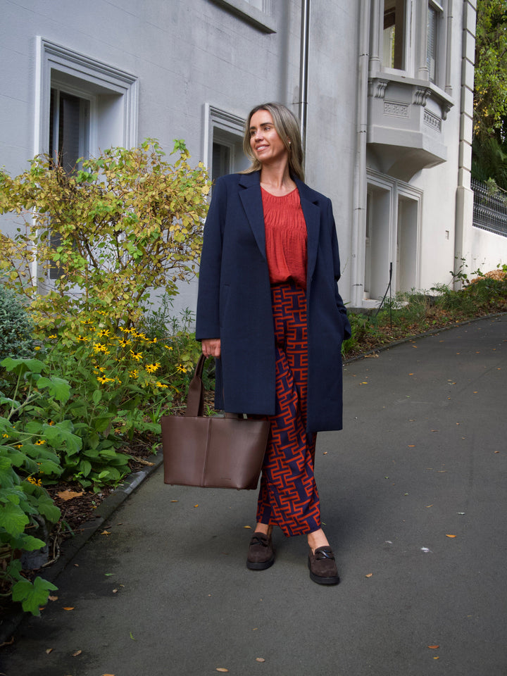 Gloss The Label Solstice Pant Navy Rust Geo Print