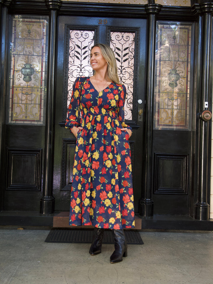 Gloss The Label Denzel V Neck Dress Flame Floral
