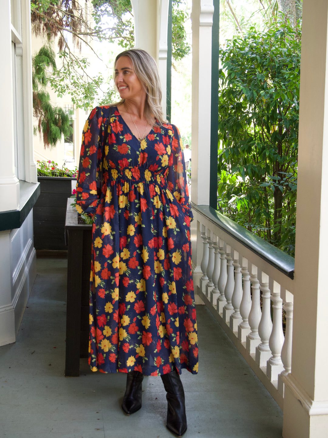Gloss The Label Denzel V Neck Dress Flame Floral