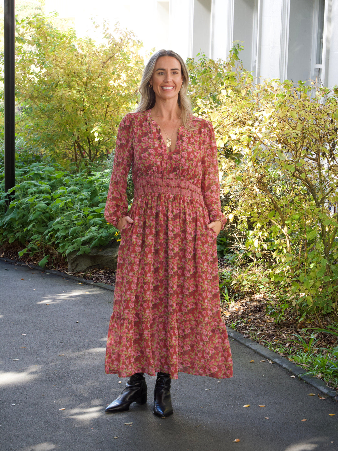 Gloss The Label Lindsay Shirred Waist Dress Wine Speckle Floral