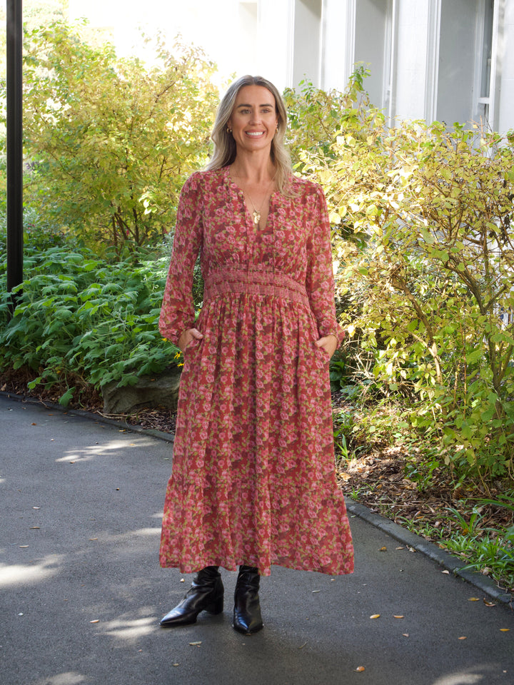 Gloss The Label Lindsay Shirred Waist Dress Wine Speckle Floral
