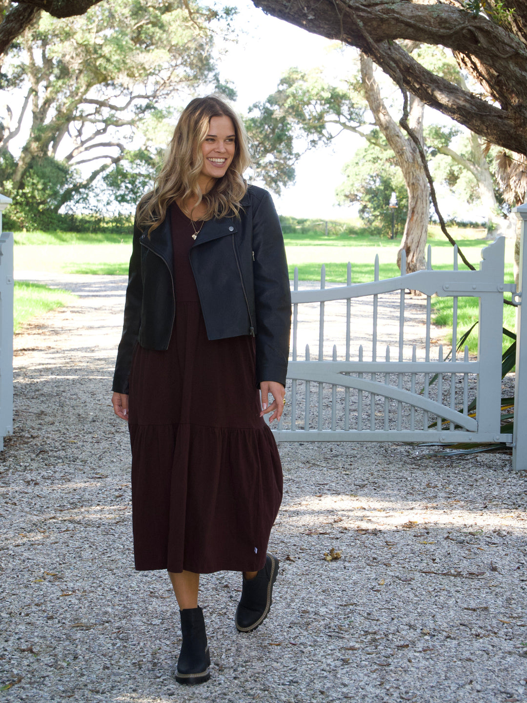 Essentials Long Sleeve Tiered Dress Chocolate