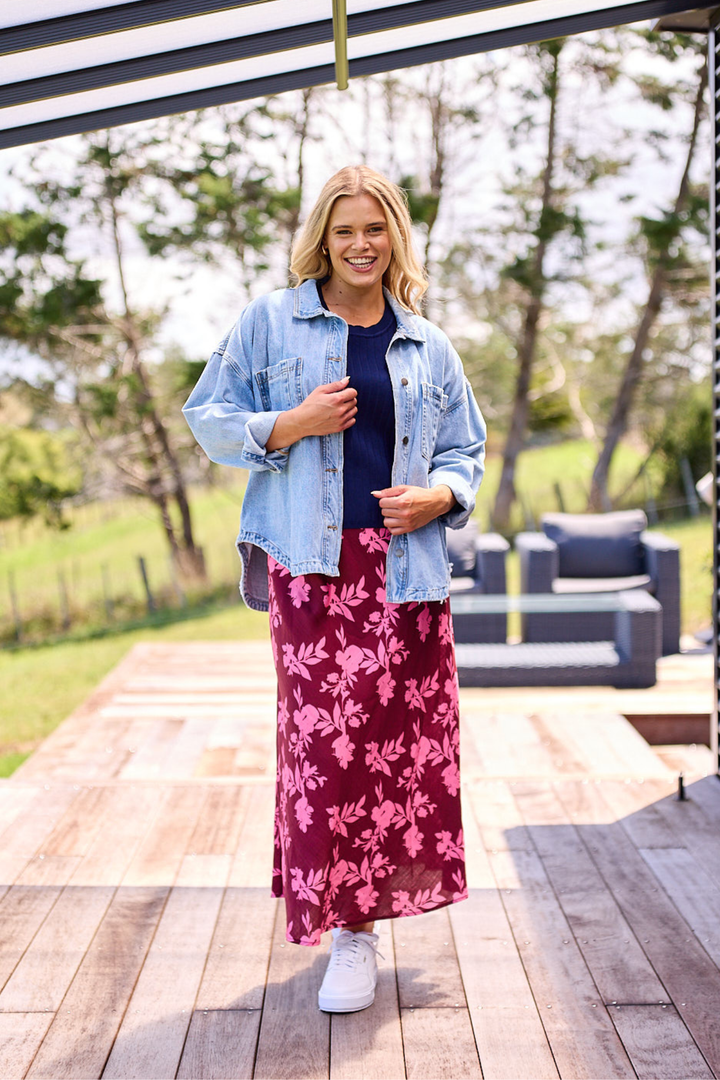 Label Venetia Bias Skirt Wine Pink Floral
