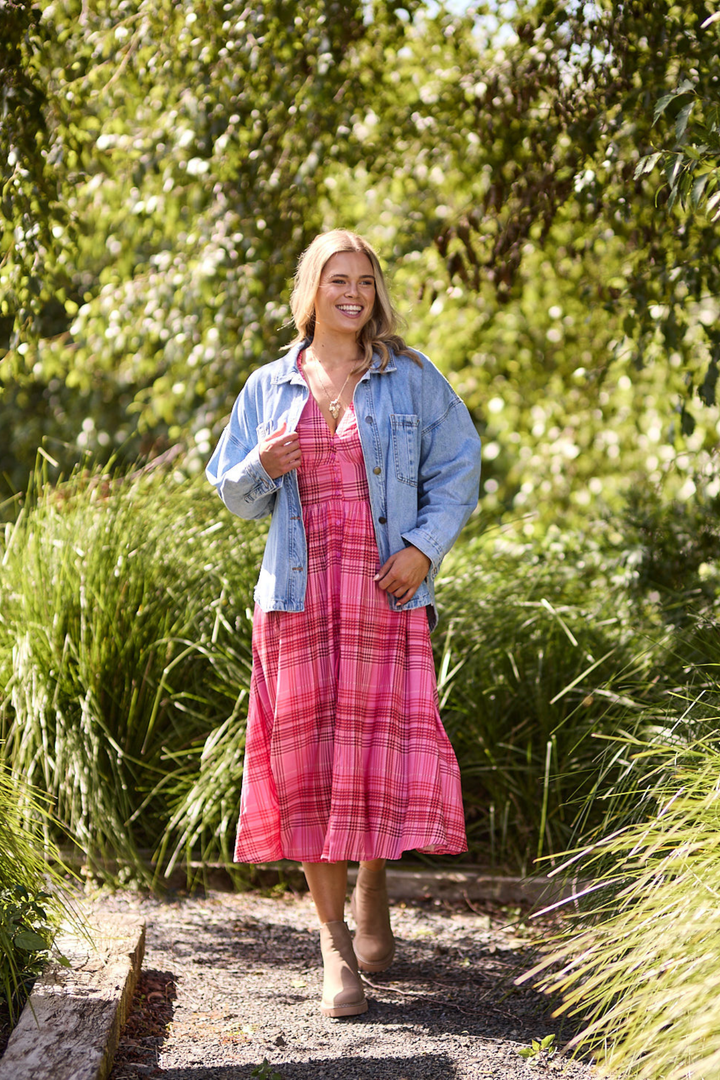 Sunday Boho Kathy Midi Dress Pink Gingham