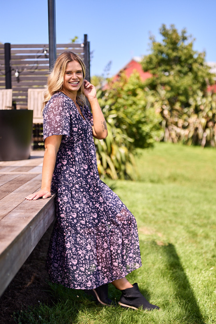 Gloss The Label Avonley Tiered Chiffon Dress Midnight Floral