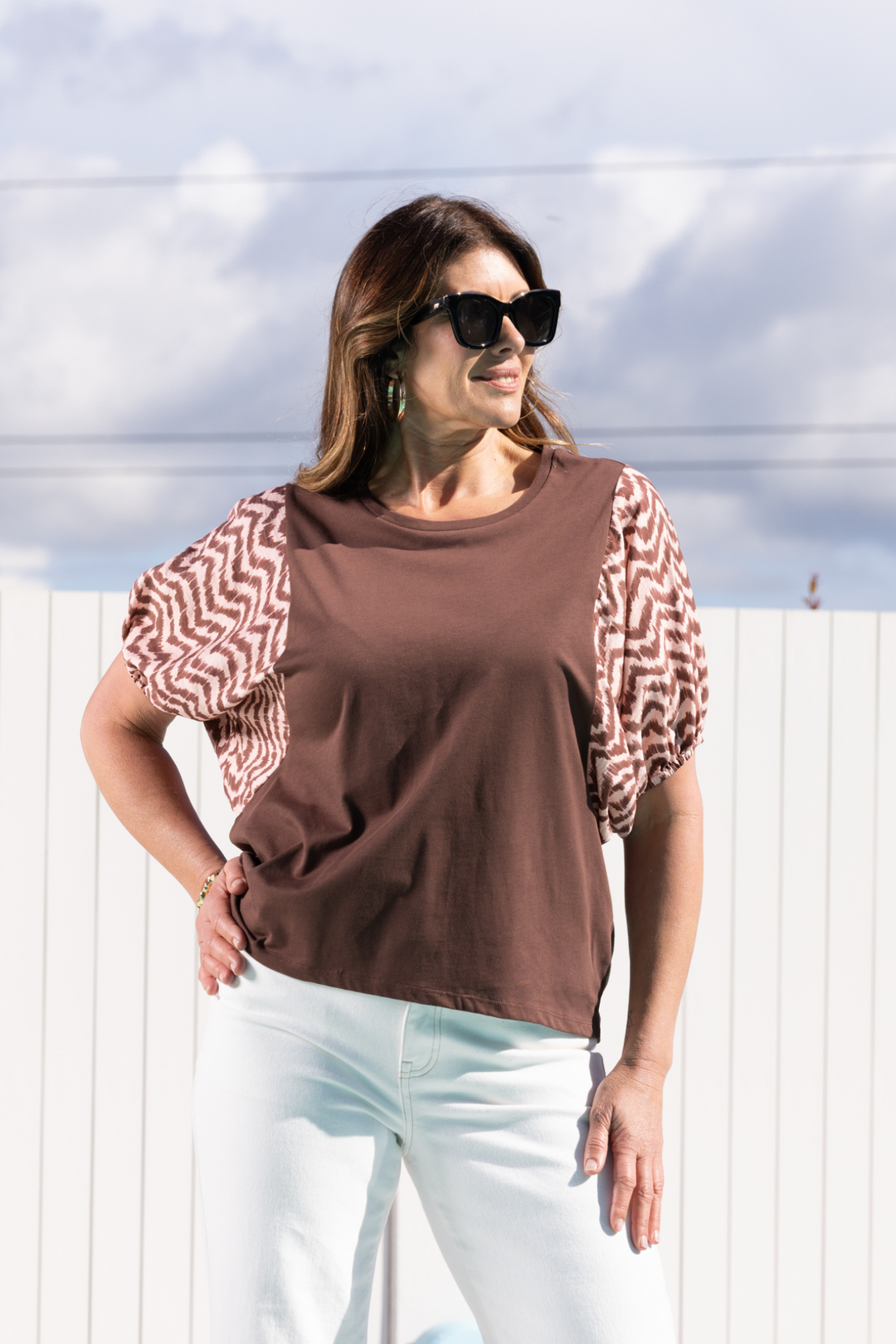 Label Sheyena Woven Sleeve Top Zig Zag Print