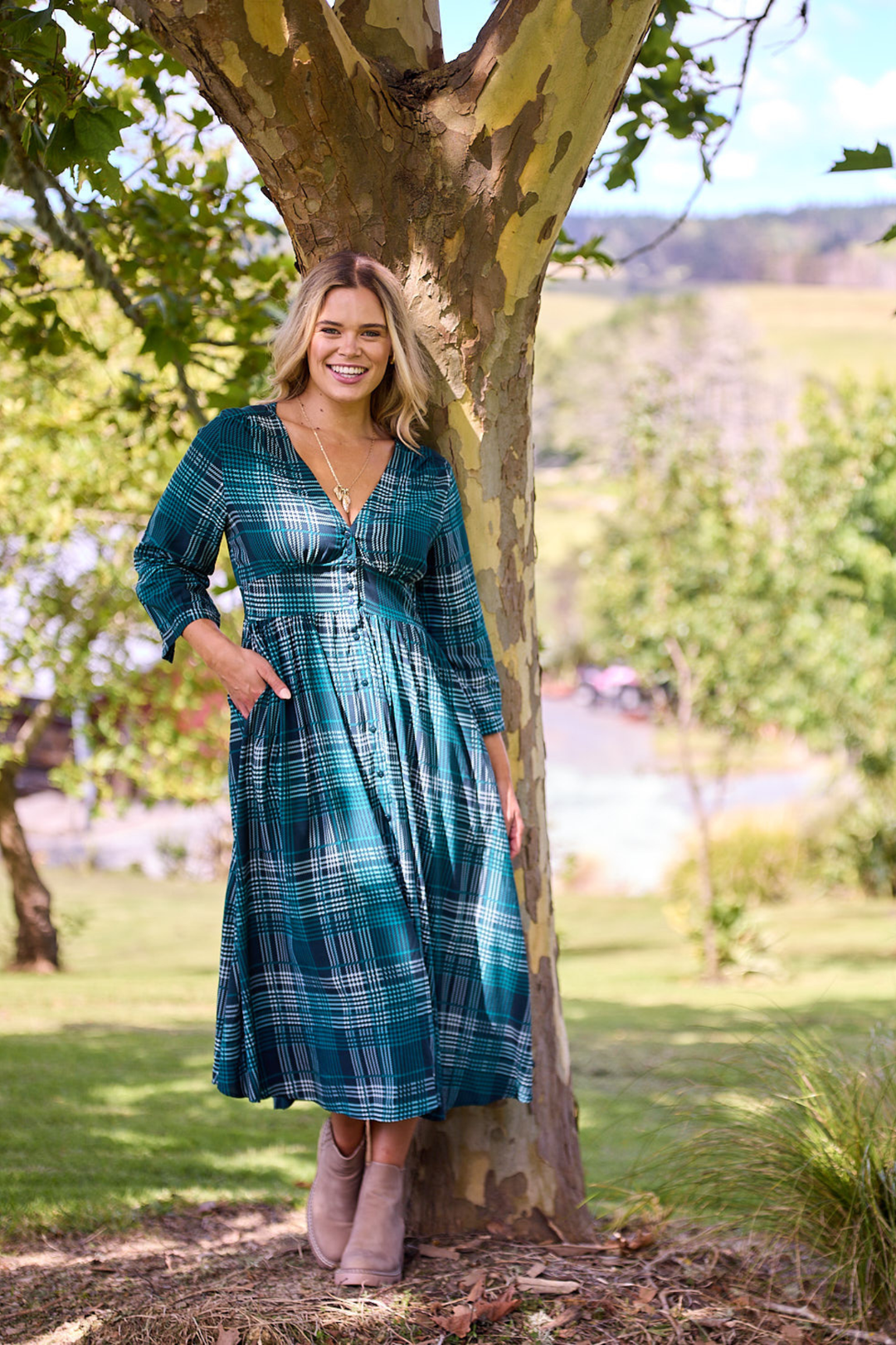 Sunday Boho Kathy Midi Dress Green Gingham