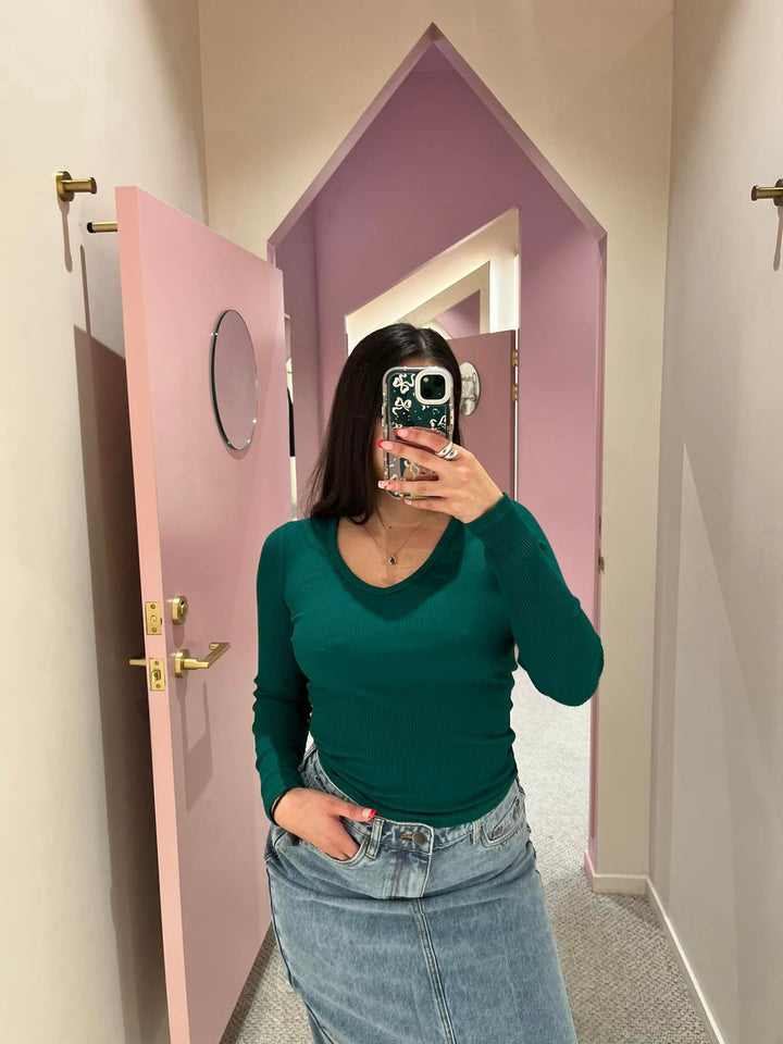 All About Eve Rib V Neck L/S Top Emerald