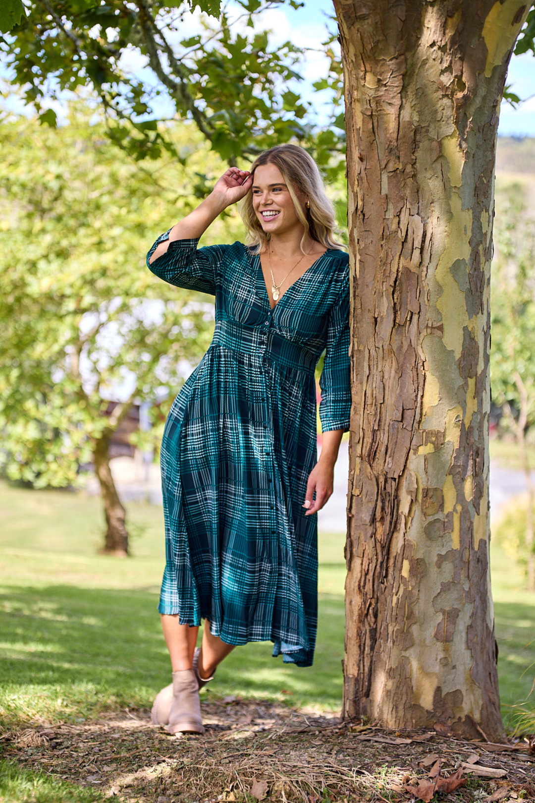 Sunday Boho Kathy Midi Dress Green Gingham