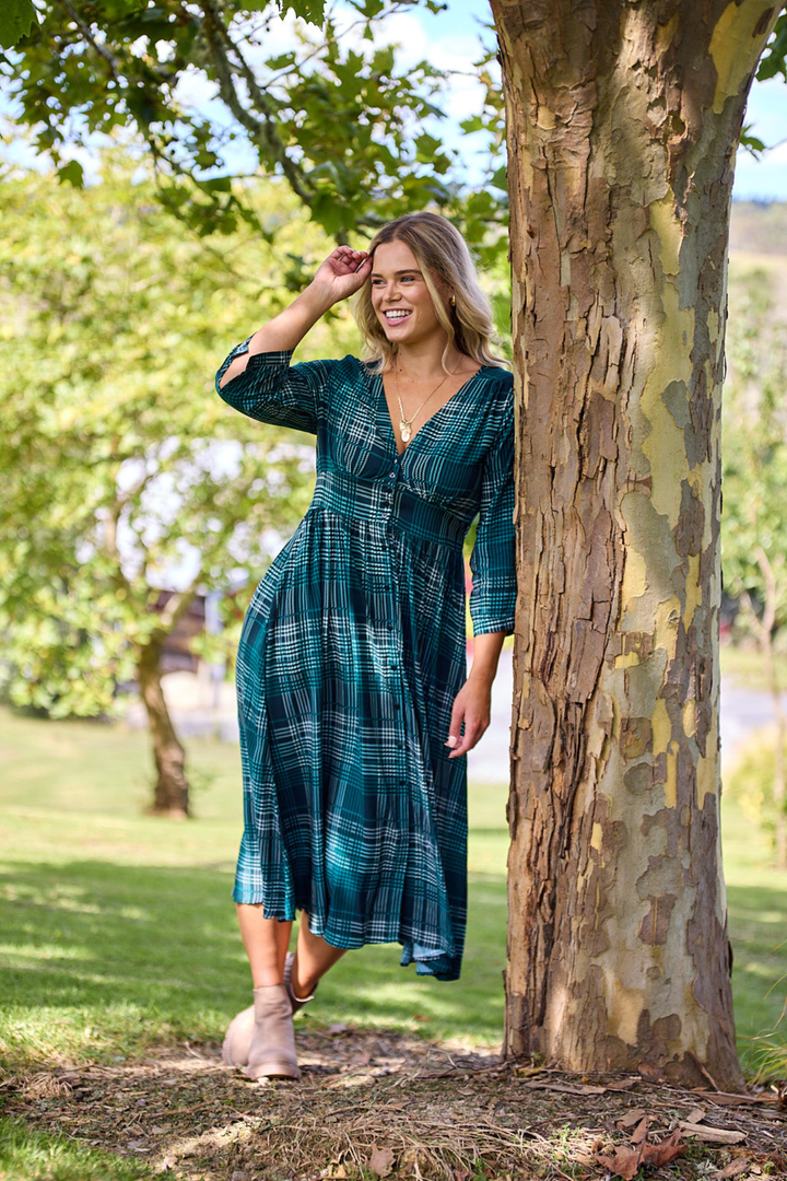 Sunday Boho Kathy Midi Dress Green Gingham