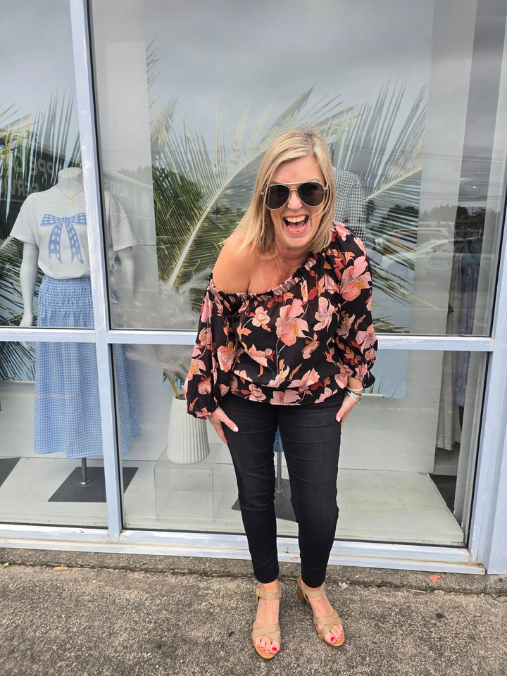 Celebration By Claudia off the Shoulder Top Black Floral