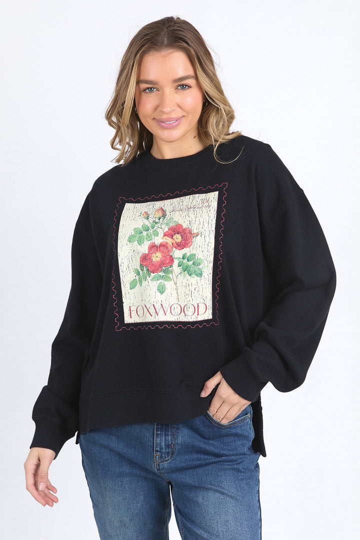 Foxwood Stamped Floral Crew Black