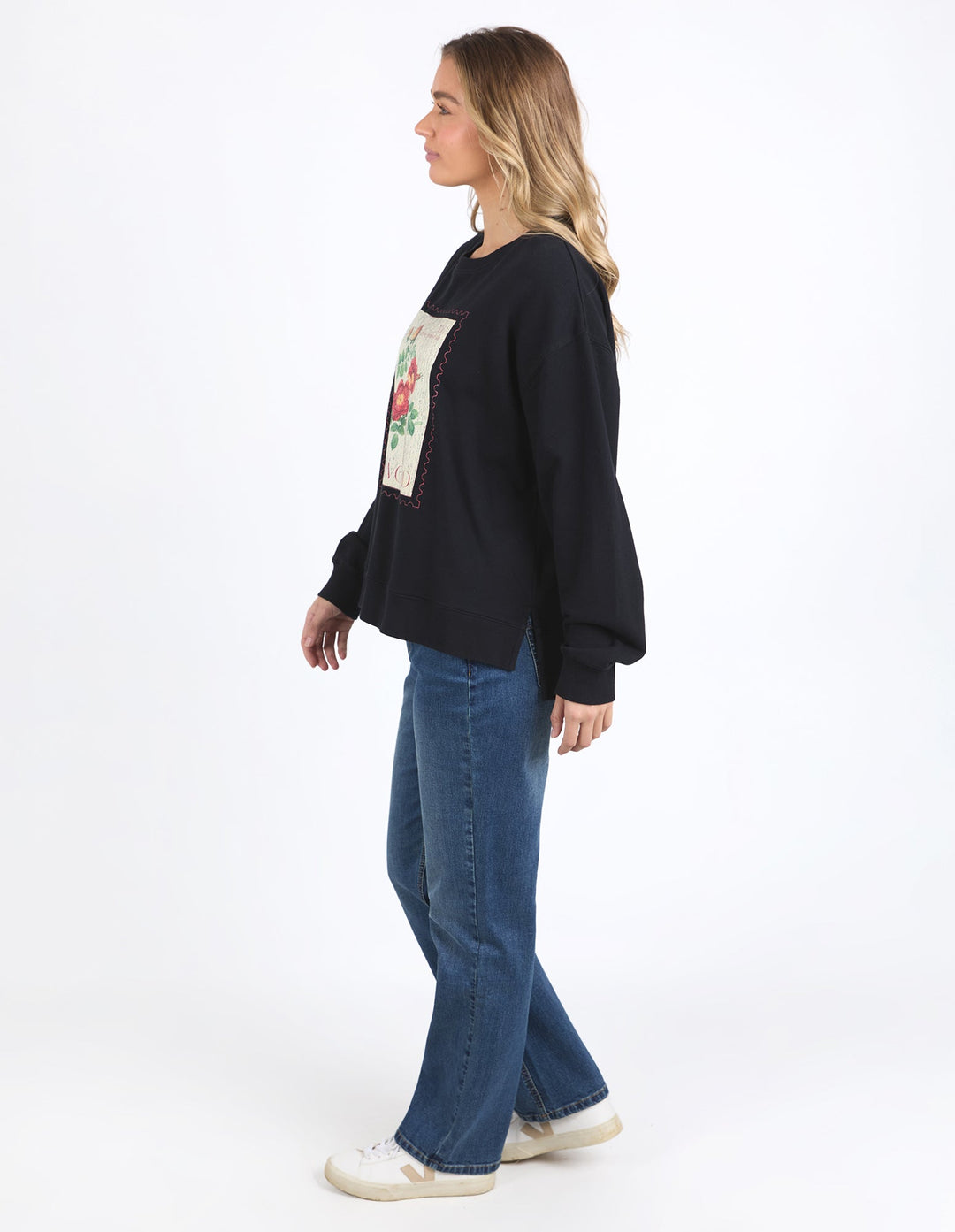 Foxwood Stamped Floral Crew Black