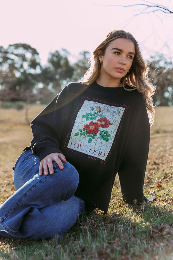 Foxwood Stamped Floral Crew Black