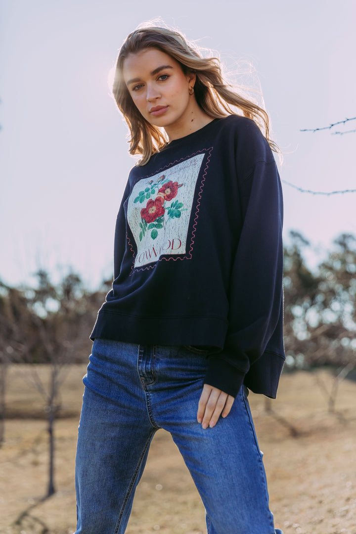 Foxwood Stamped Floral Crew Black