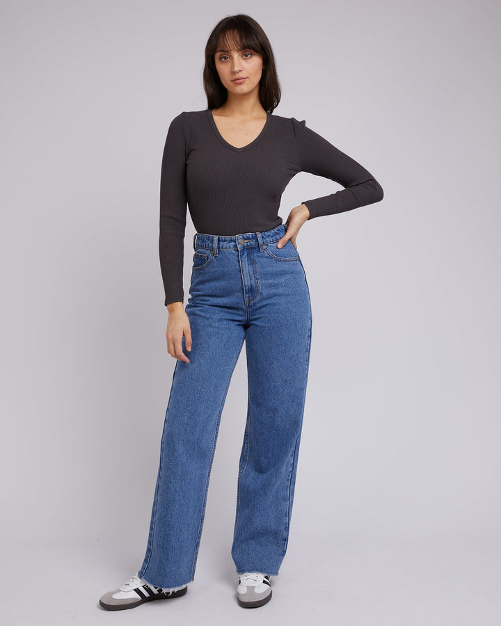 All About Eve Rib V Neck L/S Top Washed Black