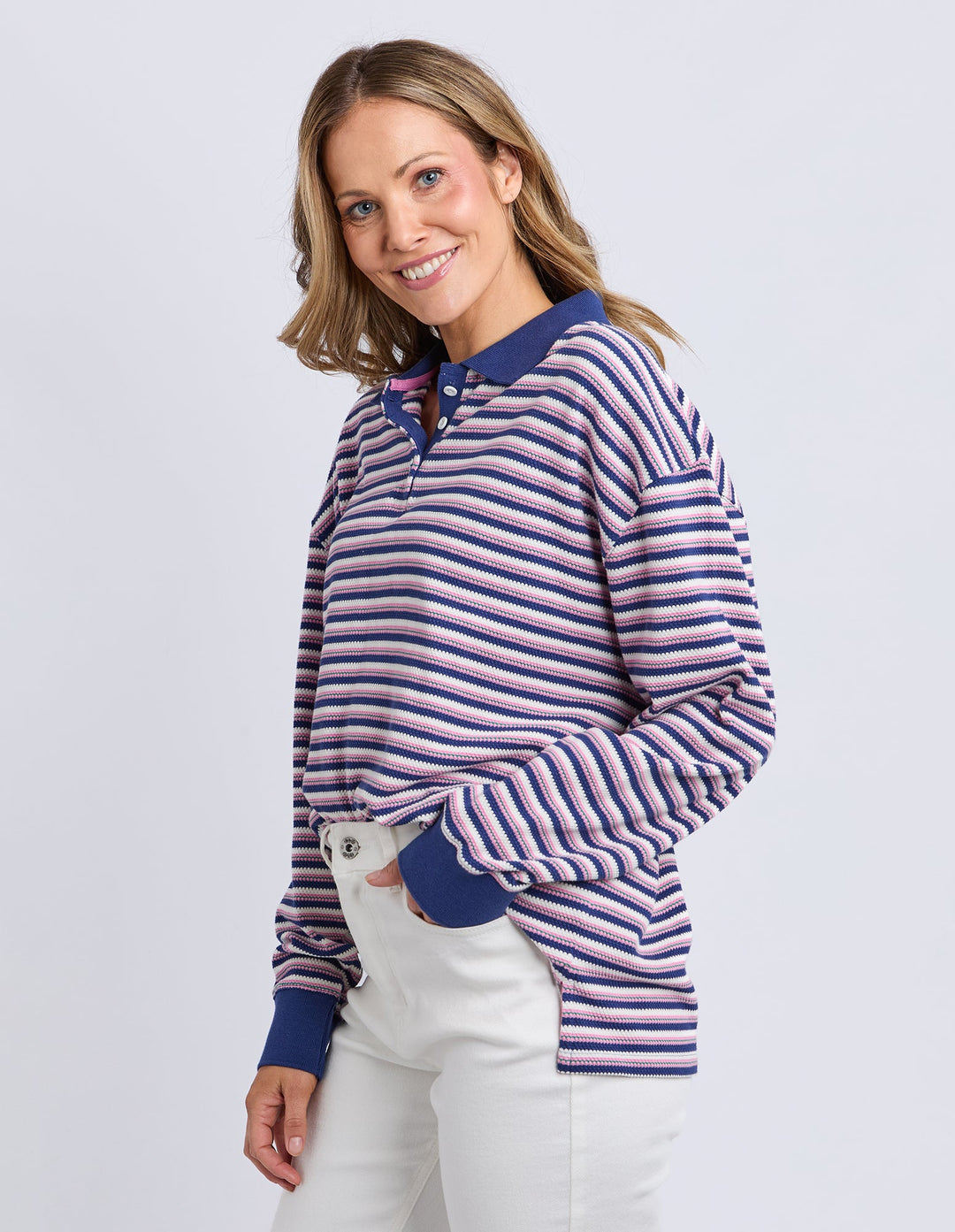 Elm Riviera Polo Sweater Navy & Pink Stripe