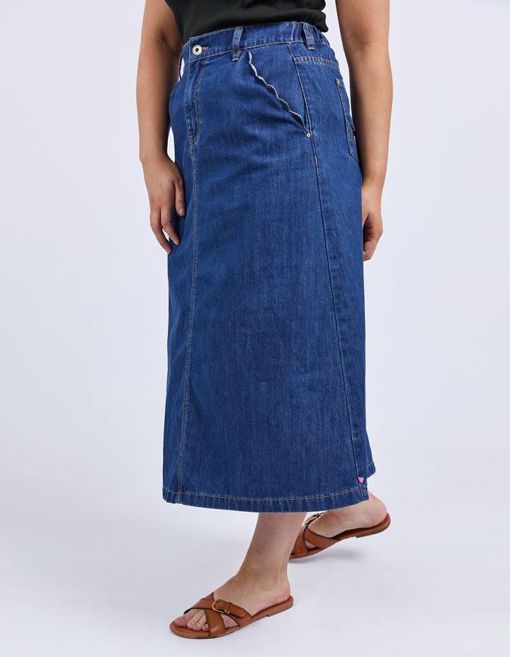 Elm Scallop Edge Denim Skirt Mid Blue Wash