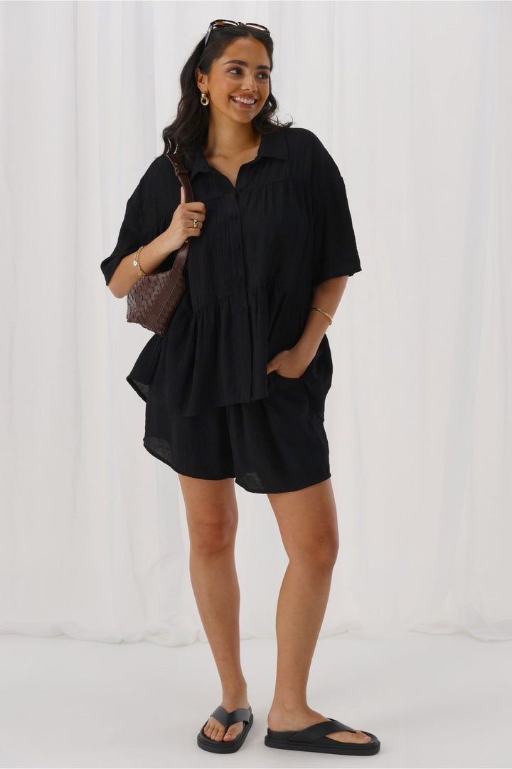 Ayva Helena Elastic Waist Tiered Shorts Black