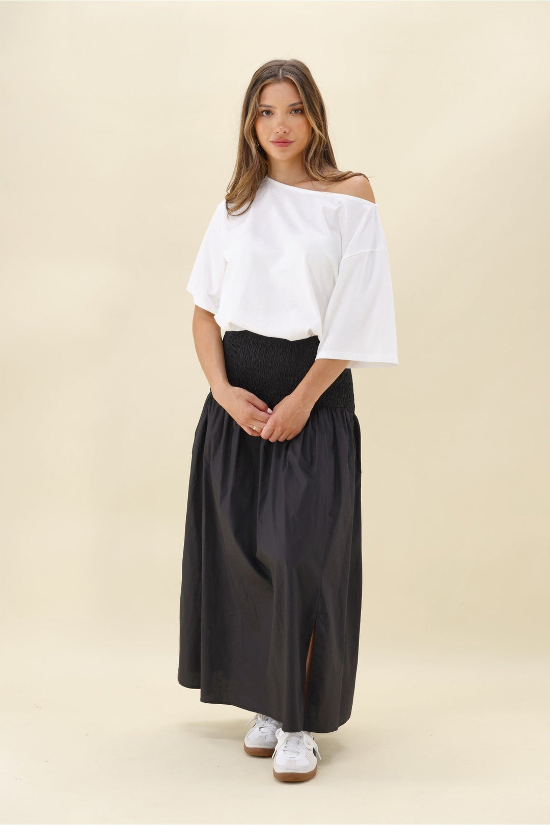Ayva Liana Shirred Maxi Skirt Black