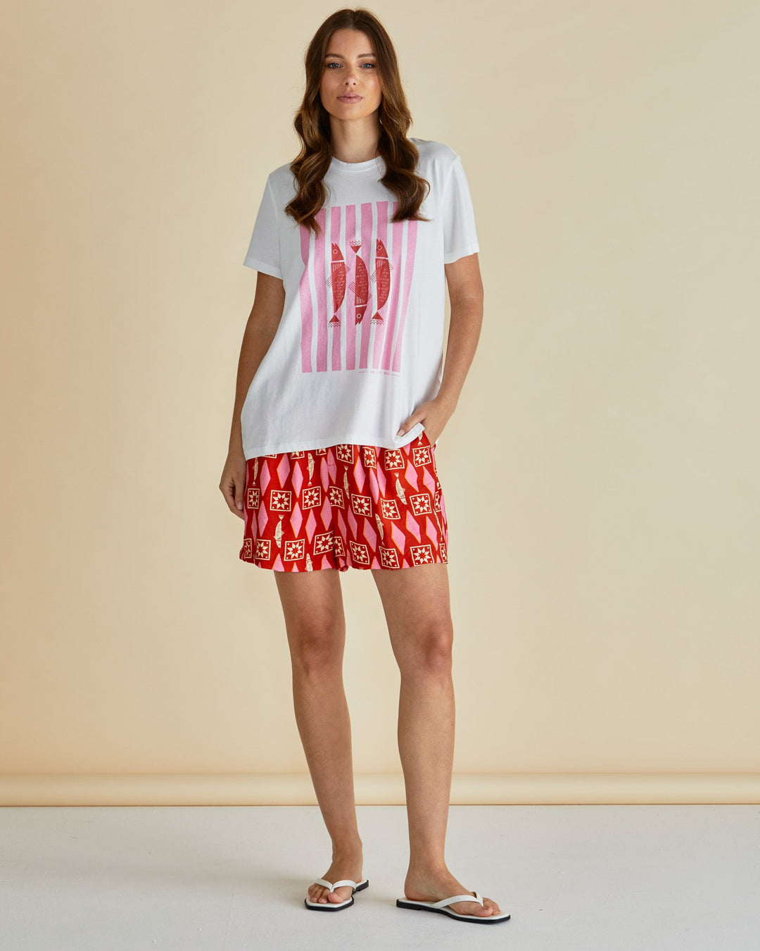 Betty Basics Ellia Crew Tee White Sardinia Print