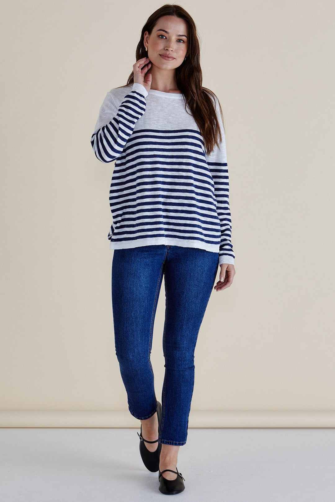 Betty Basics Natasha Knit Top White Navy Stripe