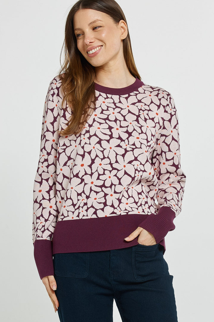 Betty Basics Maisie Sweater Wine Petal Jacquard
