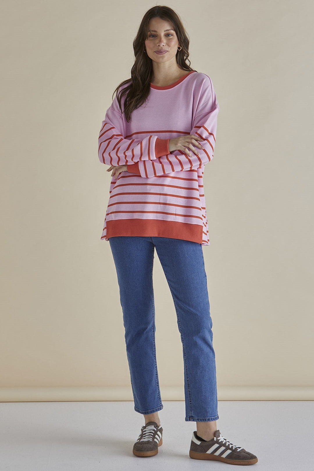 Betty Basics Easy Crew Sweat Pink Orange Stripe