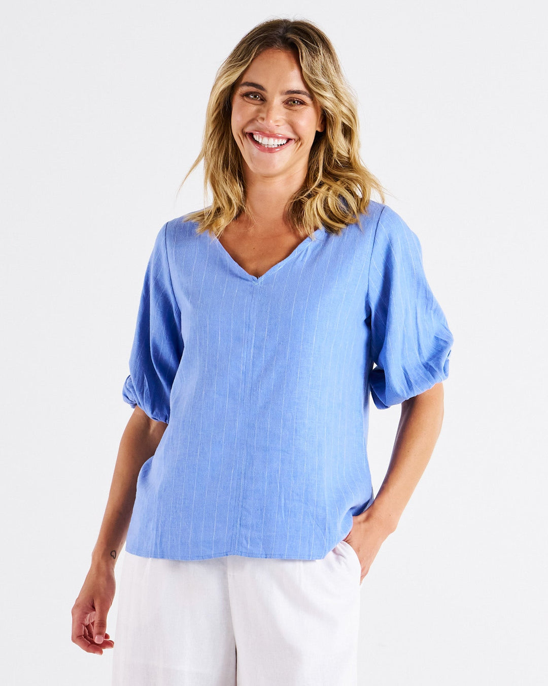 Betty Basics Elanora Linen Blouse Berry Blue Stripe