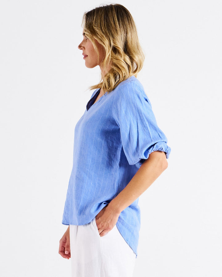 Betty Basics Elanora Linen Blouse Berry Blue Stripe