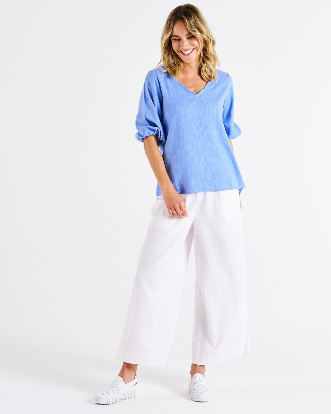 Betty Basics Elanora Linen Blouse Berry Blue Stripe