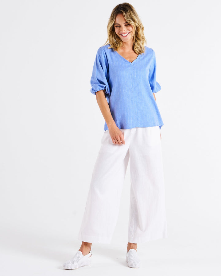 Betty Basics Elanora Linen Blouse Berry Blue Stripe